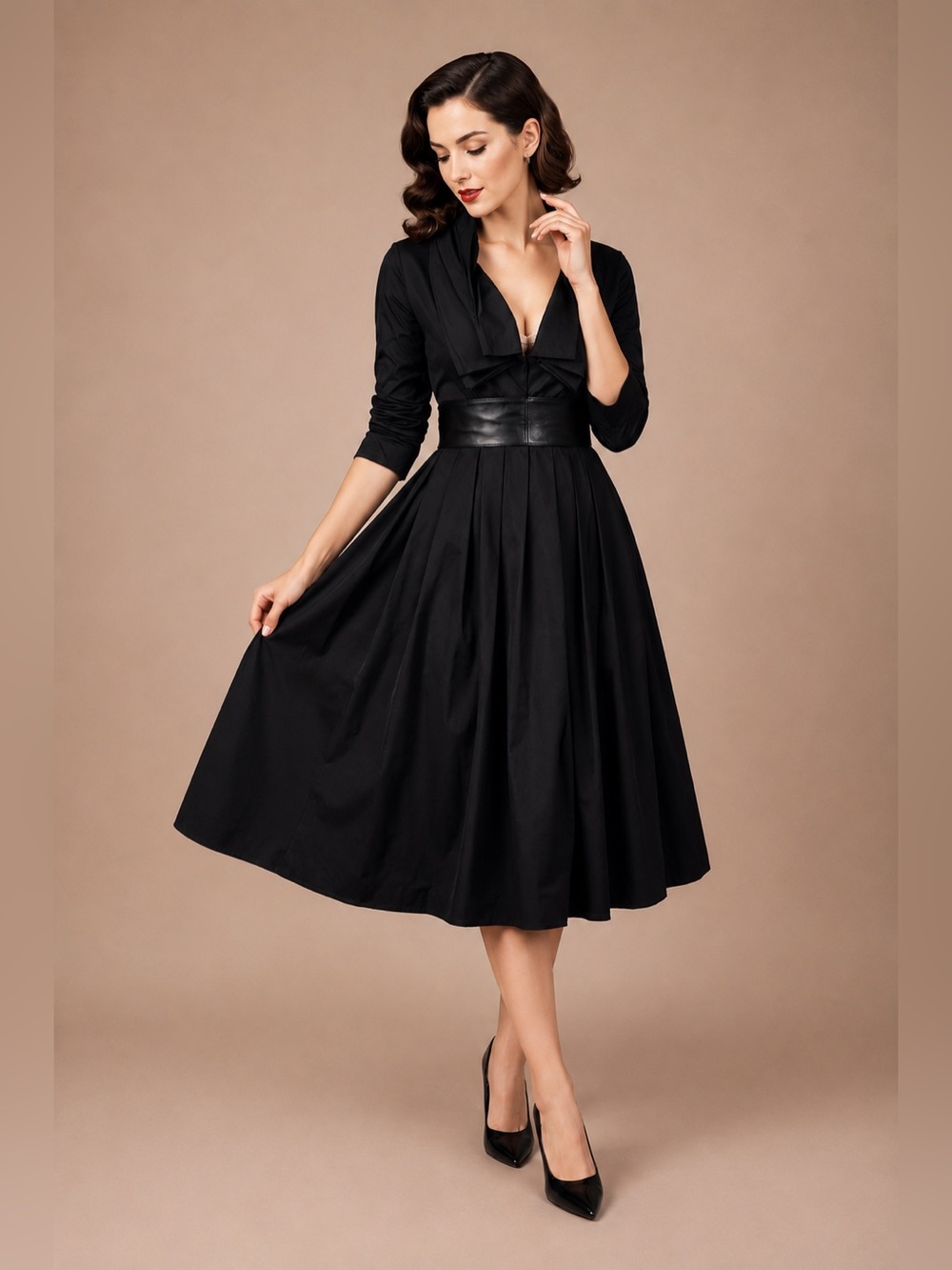 NWT Clocolor Black Vintage Style Midi Dress Faux Leather Waist M